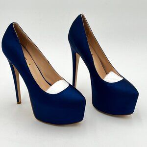 FSJ Blue Sexy Round Toe Platform Pumps Stiletto High Heel Slip On Fashion Shoes